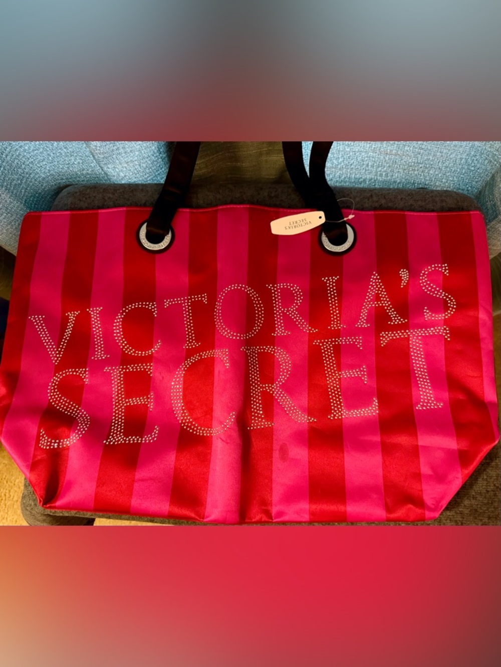 Victoria's Secret Pink and Red Striped Tote with Crystal Logo
